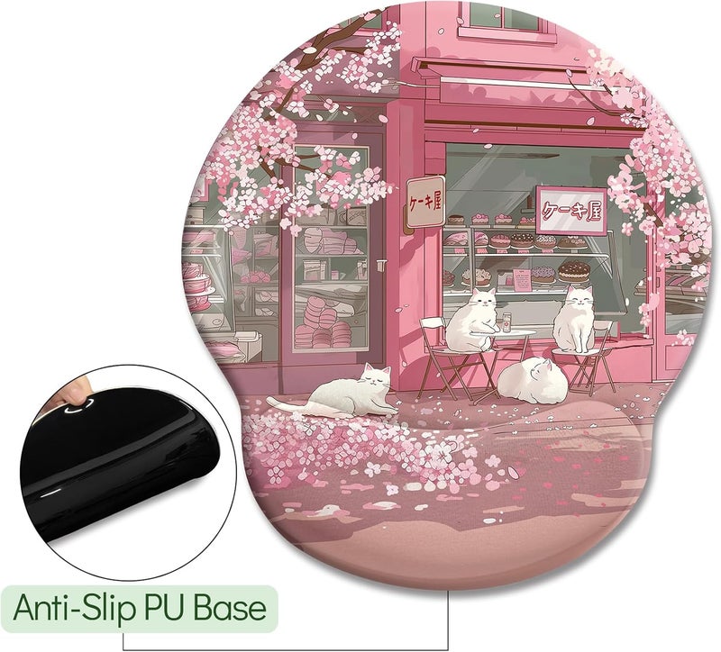 LIMKRIAN Cat Ergonomic Mouse Pad with Wrist Rest, Pink Cherry Blossom Computer Mouse Pad Wrist Support with Non-Slip Pain Relief PU Base, Cute Office Desk Decor Accessories Japanese Dessert House - Image 5